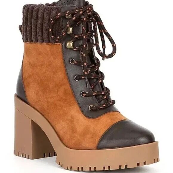 C&V Suede Leather Platform Hiking Boot Bootie Lug Sole Brown Cap Toe Size‎ 6 New - Picture 1 of 13
